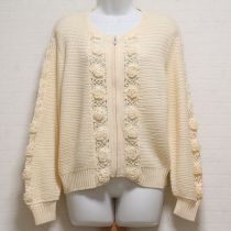 クリームフラワーモチーフ付ジップアップニットカーディガン【4(11号)】