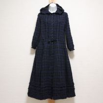 紺×グリーンチェックフード付きワンピース